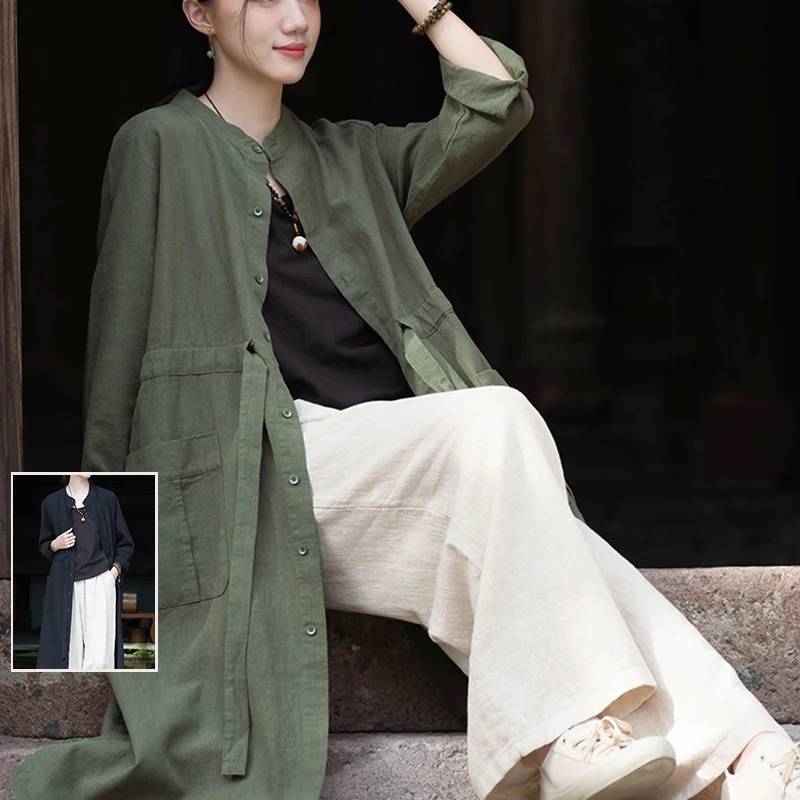 

Ретро однотонный хлопковый льняной открытый кардиган, куртка больших размеров, женское свободное повседневное длинное пальто с завязкой на талии, верхняя одежда