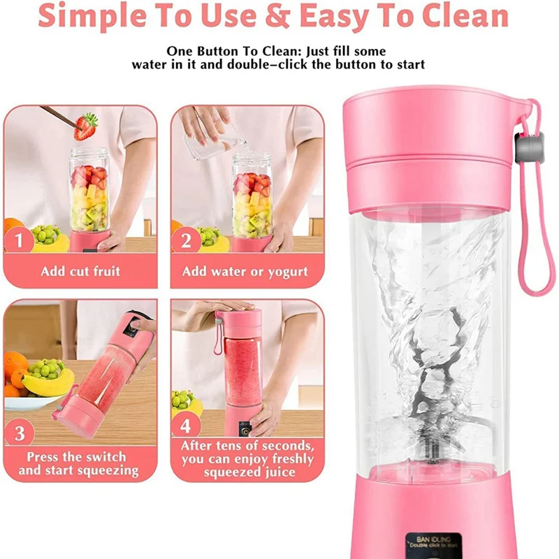 Mini liquidificador portátil para shakes e smoothies, USB recarregável, espremedor de frutas itinerante, copo com 6 lâminas, 380ml