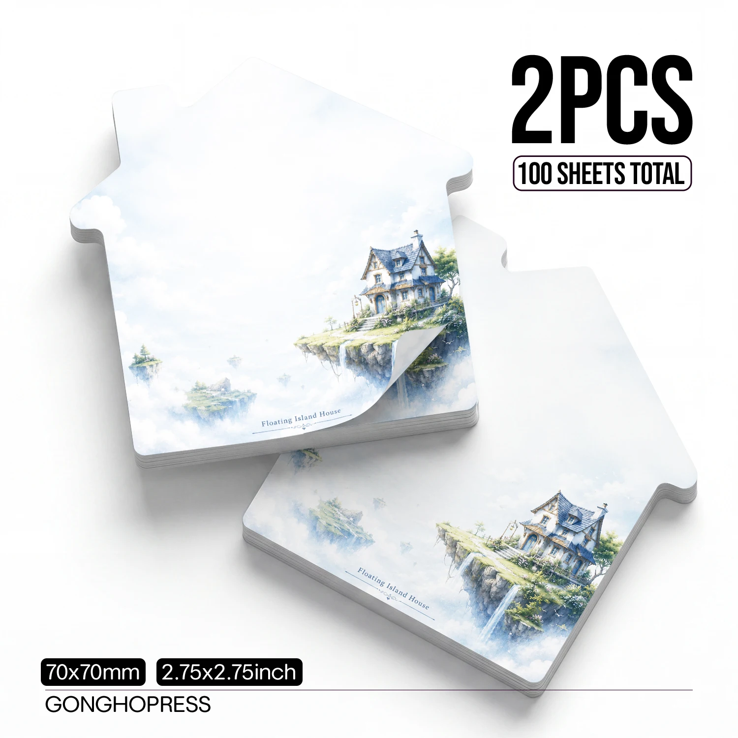 2PCS Floating Island House Self Adhesive Sticky Notes 100 Sheets House Shaped Fantasy Cottage Sky Cloud Landscape Memo Pads Writ