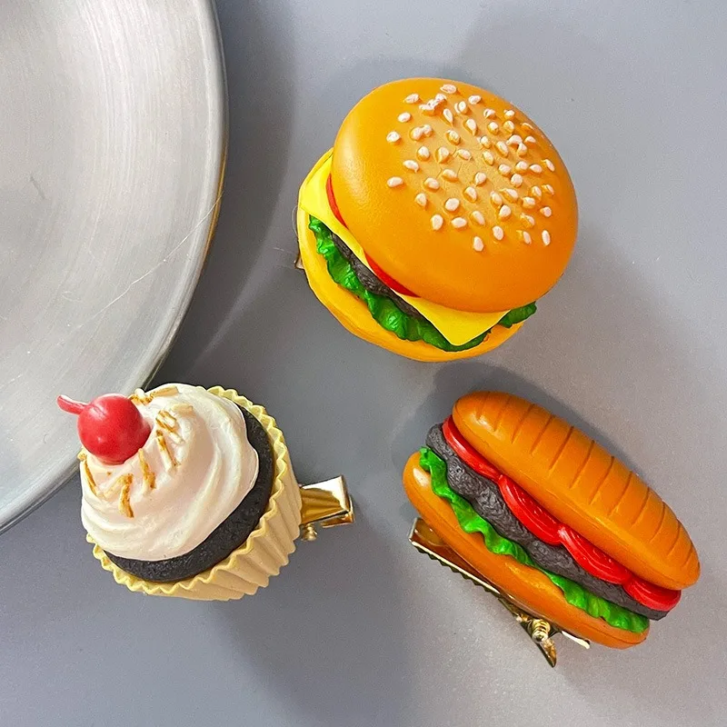 1pcs Cute Funny Simulation Food Burger Cartoon Clip for Children French Fries Cake Hair Clip Girl Birthday Gift Party Decor