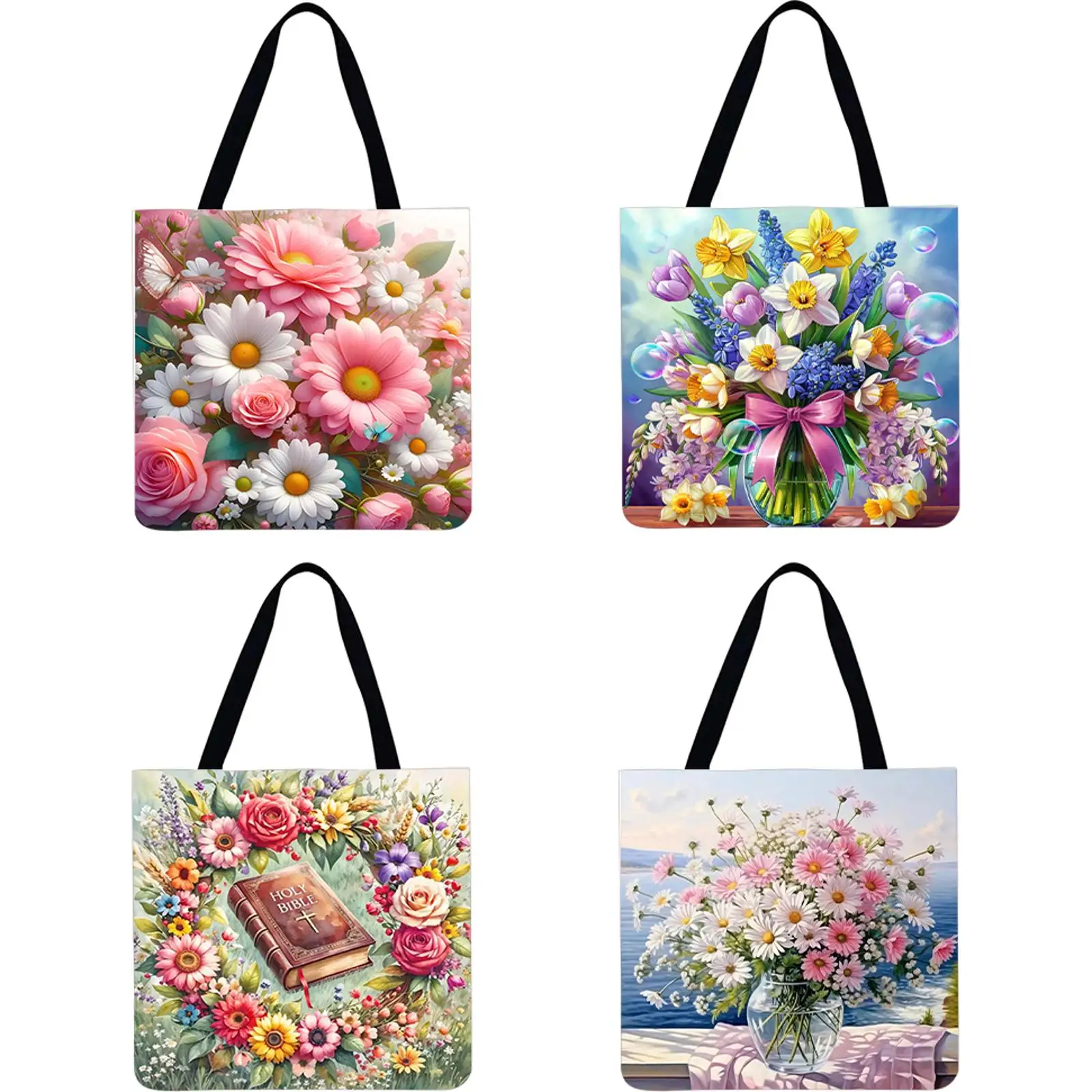 

4pcs Flowers Linen Tote Bag Handbag Large Capacity Women Shopping Shoulder Bags
