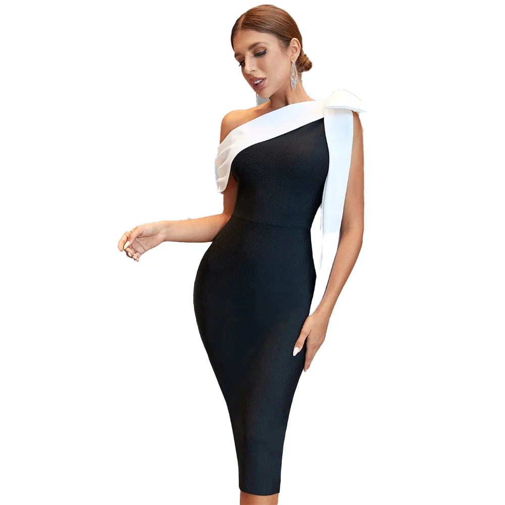 Sexy Slanted Shoulder Ribbon Slim Fit Bandage Midi Dress Bow Decoration Backless Bodycon Dresses Celebrity Evening Party Gowns