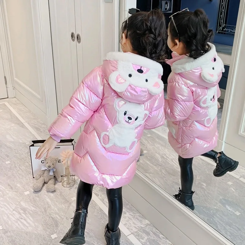 2 4 6 8 Years Girls Long Winter Down Jacket Cute Bear Coats For Girls Parkas Fashion Bright Hooded Children Waterproof Outerwear