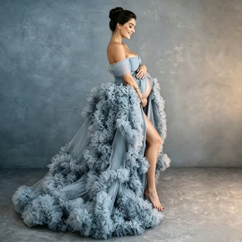 Maternity Photoshoot Dress Off Shoulder 3D Ruffled Tulle Gown Long Train Baby Shower Pregnancy Photo Studio Costume baby shower - view 5
