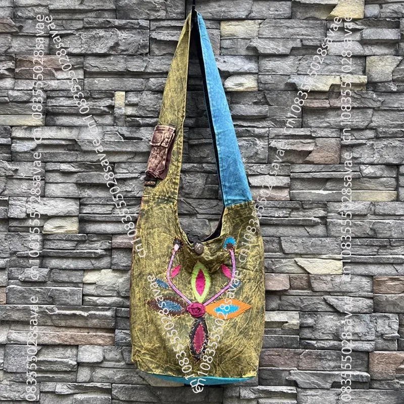 Indian-Nepalese Personality Hippie Crossbody Bag Washed Cotton Distressed Patchwork Shoulder Bag Embroidered Bag
