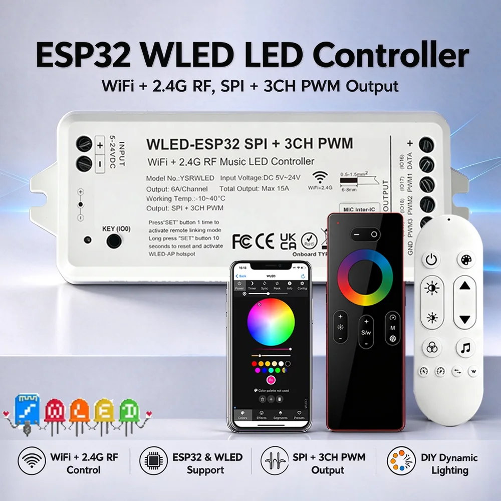 WLED LED Strip Controller ESP32 Mic RGBIC Digital Lights APP Remote Control Addressable String Light WS2811 WS2812 WS2815 SK6812
