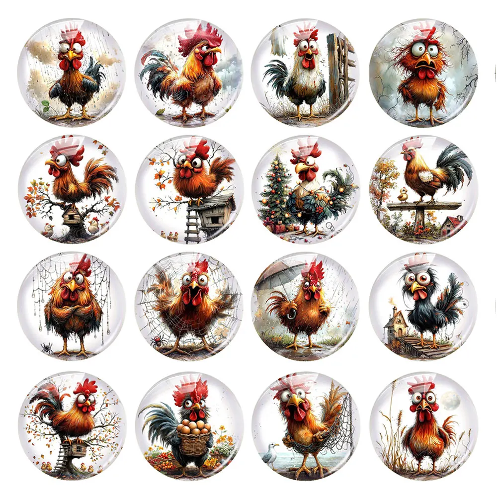 Random Mixed Round/Oval/Square Whimsical Rooster Funny Farm Photo Glass Cabochon Flatback Demo Cameo For Diy Jewelry Making