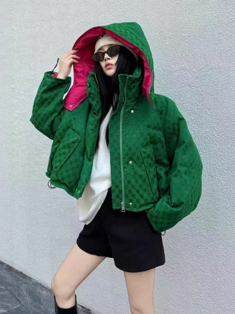 New Hooded Print Green Down Jacket Winter Female 2025 Parkas Mujer Casual Puffer Duck Downs Coats Women Elegant Office Lady