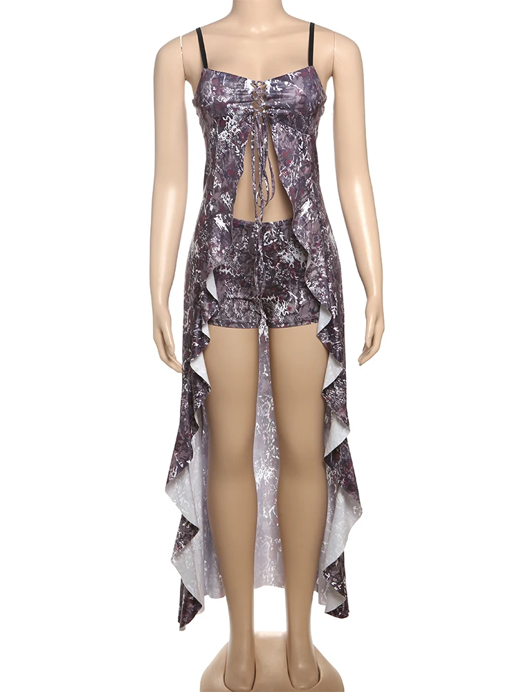 Nibber Y2K conjunto de 2 peças para mulheres, sexy, verão, hipster, estampa de leopardo, camisa, longa e oca, camisole + shorts combinando roupas de clube