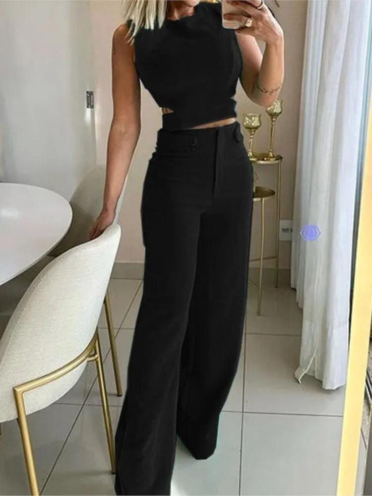 

Summer Women's Slim Comfortable Casual Two-piece Set Simple Solid Color Fashion Hollow Sleeveless Top Wide-leg Trousers Set