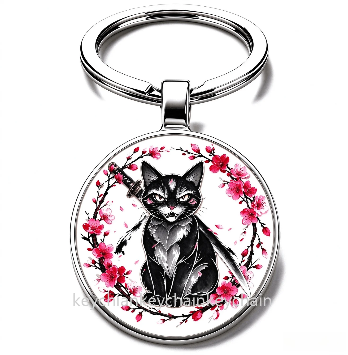 Japanese Cartoon cat Cherry Blossom Katana Keychain Samurai Sword Sakura Wreath Key Ring Car Bag Pendant Men Gift