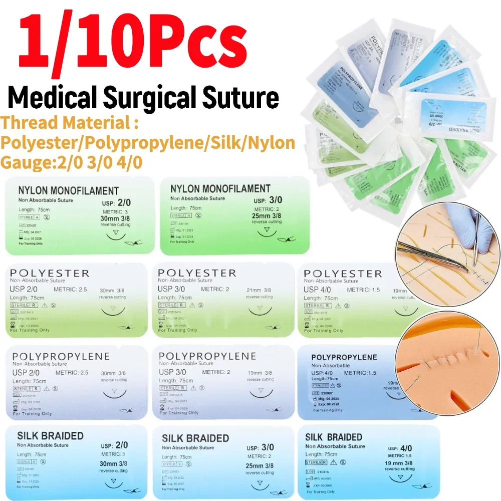 2/0 3/0 4/0 Monofilament Naald Hechtdraad Nylon Zijde Polypropyleen Polyester Chirurg Naaldsteken voor Medische Studenten Onderwijs