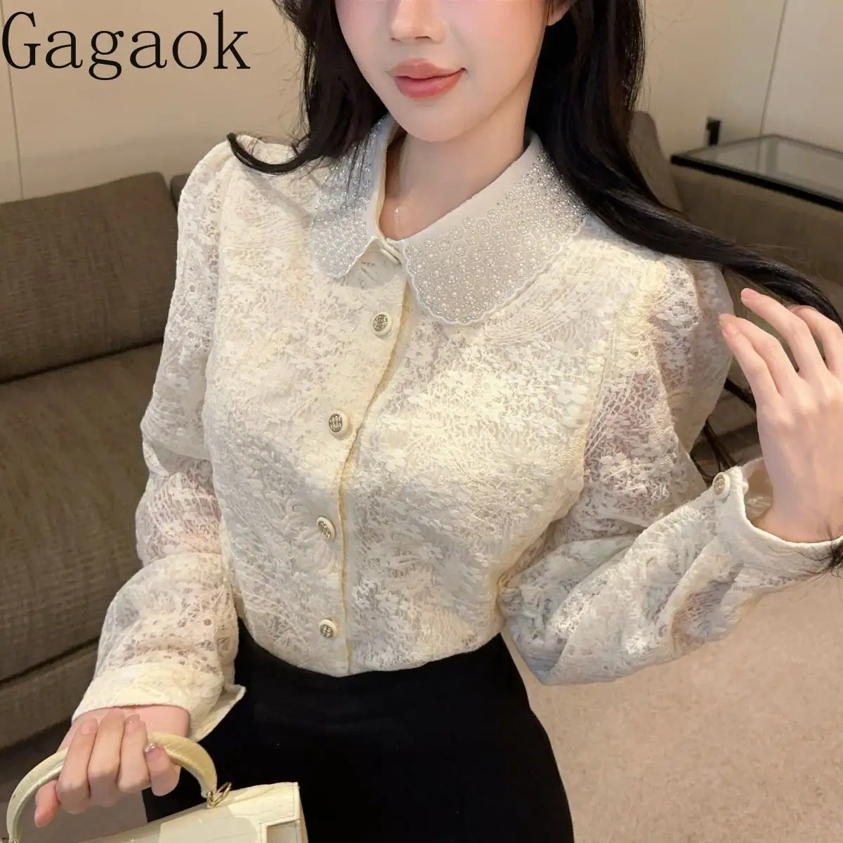 

Gagaok Elegant Women Shirt 2025 Spring New Sweet Turn-down Collar Embroidery Lace Shirts Gentle Slimming Long Sleeve Top