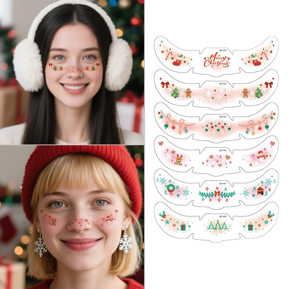 6Pcs Christmas Facial Tattoo Stickers, Holiday Eye Decor Decals, Xmas Party Face Art Stickers