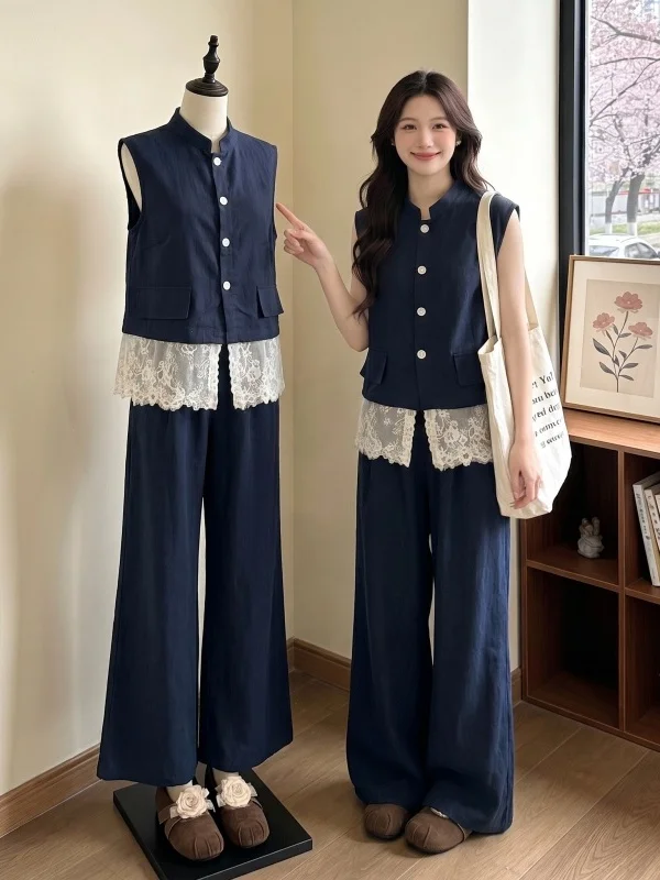 

plus Size Women's Summer Fashion Set High Waist Wide Leg Pants Sleeveless Shirt in Blue Color for Commuting And Casual Use