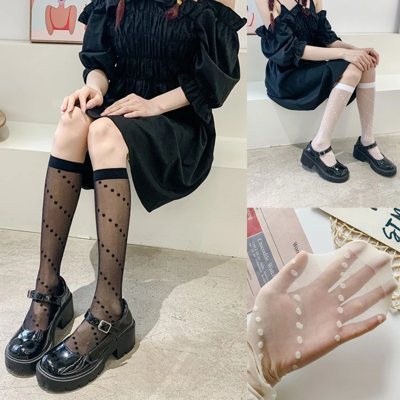 

Women Silky Knee High Socks Japanese Preppy Vintage Twill Polka Dot Pattern Transparent Mesh Calf Stockings