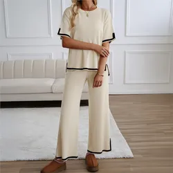 2 Piece Set Women's Clothing 2025 Spring Summer Casual Short-Sleeved Wide-Leg Pants Matching Sets Knitted Suit Fashion Pant Sets