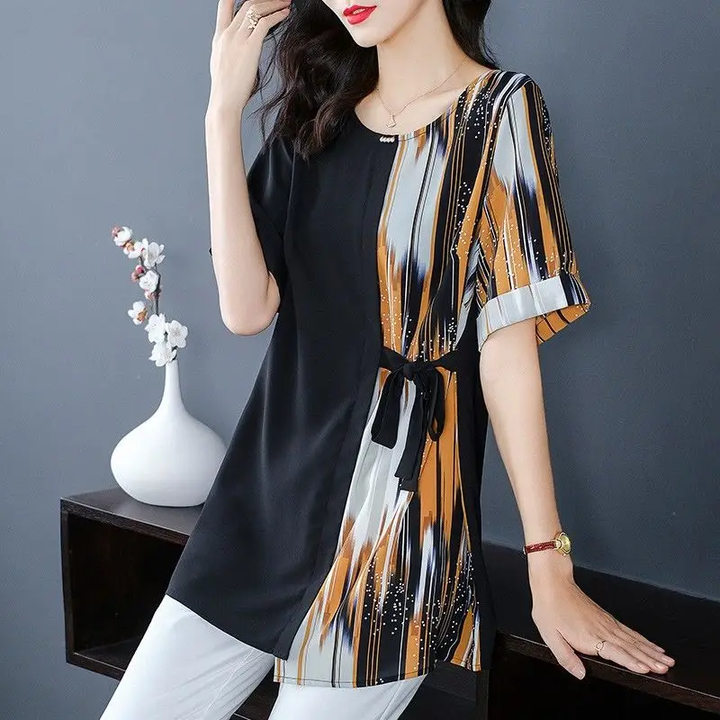 

2024 New Fashion Summer Printed Spliced Drawstring Women's Round Neck Fashion Short Sleeve Loose Commute Midi Chiffon Shirt Tops