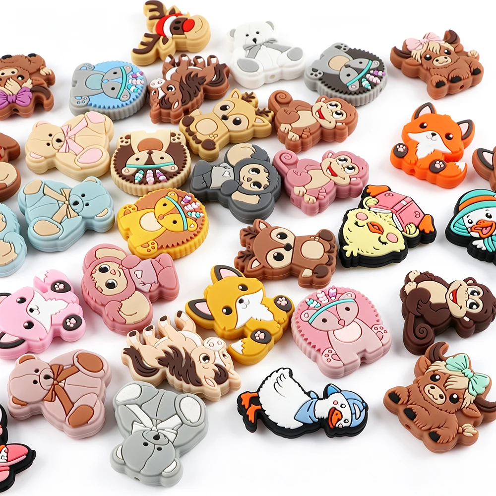20/50/100pcs Animal Silicone Focal Beads Fox Bear Deer Monkey Pattern for Handmade Jewelry Keyring DIY Craft Accessories