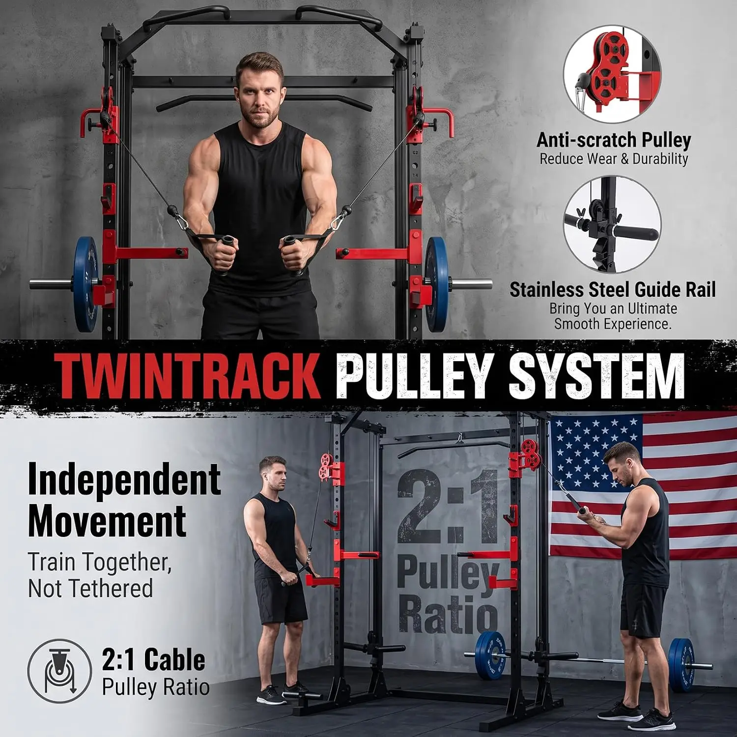 Home Gym Power Cage, 2000LBS Multi-Function Power Rack Equipped with Independent Dual Pulley Cable Crossover System, Squat Rack and LAT Pulldown, Safety Bar, J-Hooks, Pull-Up Bar, Dip Station
