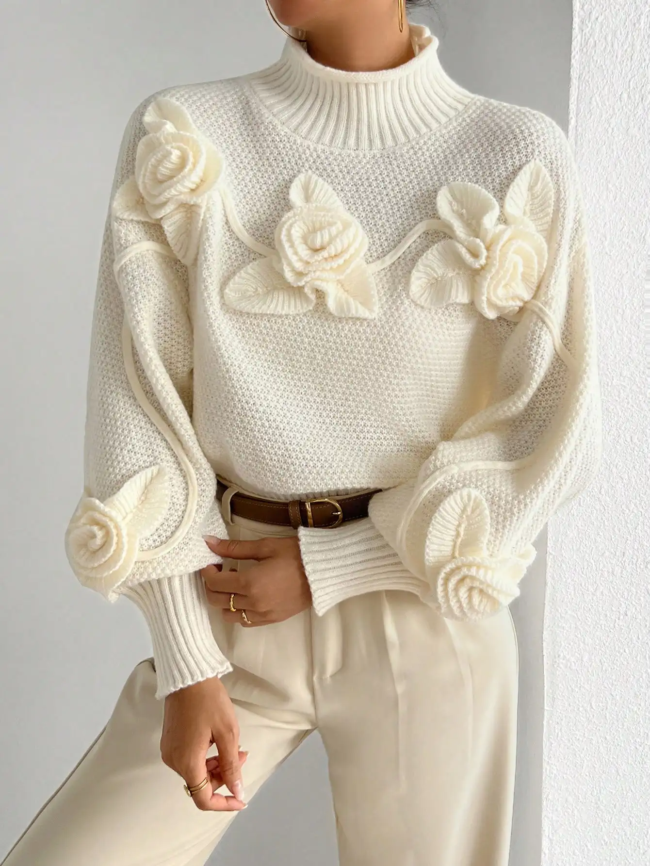 

Cream Floral Applique High Neck Long Sleeve Knit Pullover Sweater for Fall Winter Elegant Outfit