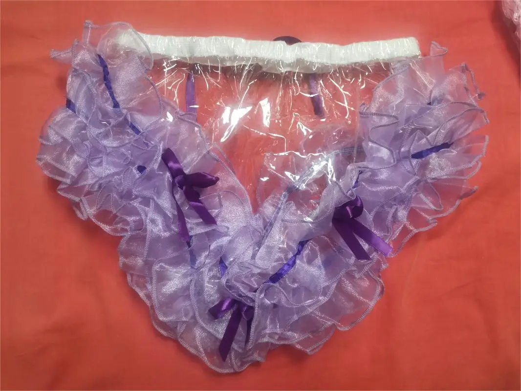 French Sexy Adult Customized fetishist Crossdressing Sissy White Transparent PVC Splice Purple Yarn Elastic Waist Bow Decoration