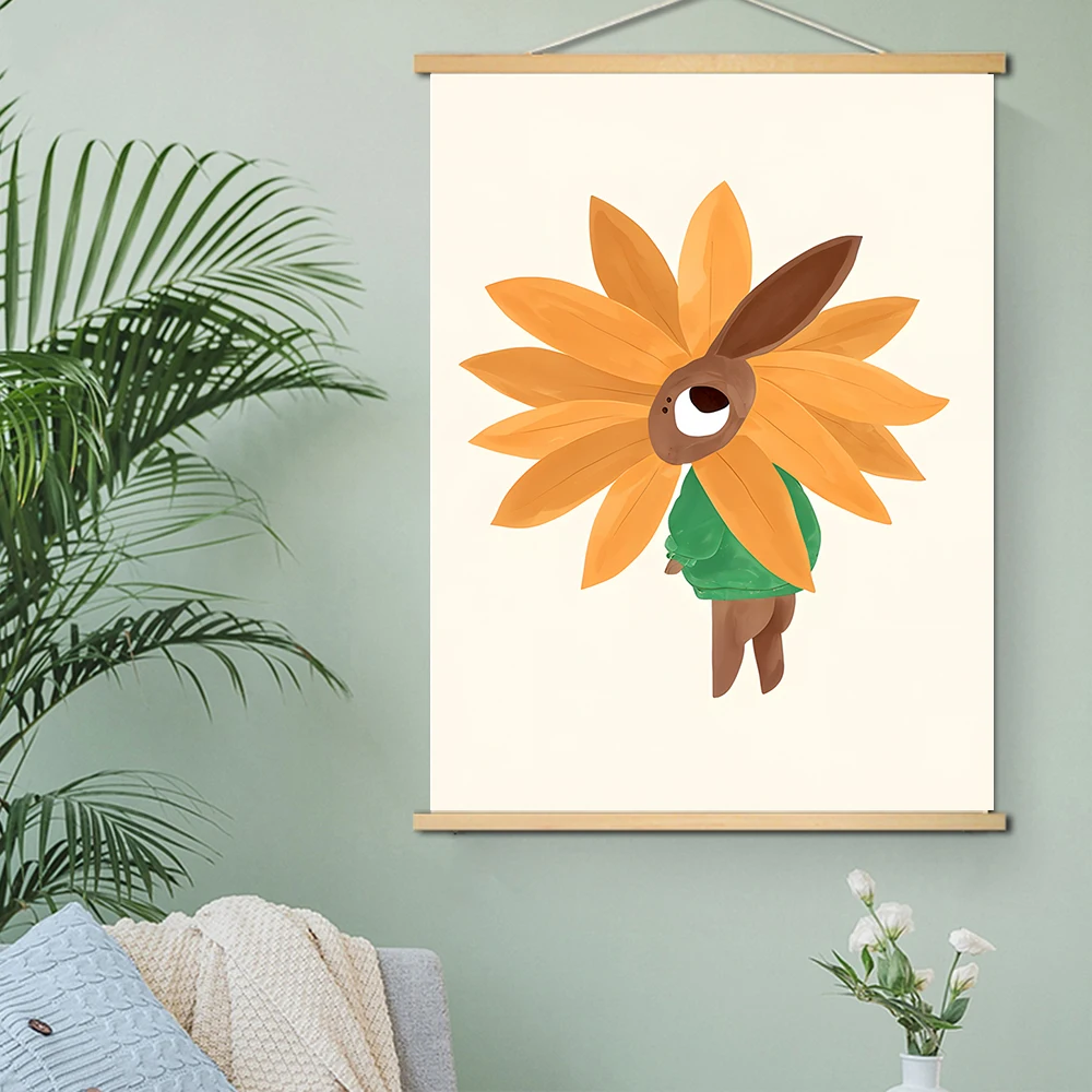 Funny Rabbit Mouse Goose Dog Flower Sage Green Cartoon Wood Scrolls Painting Posters Prints Pictures Kawaii Baby Kids Room Decor