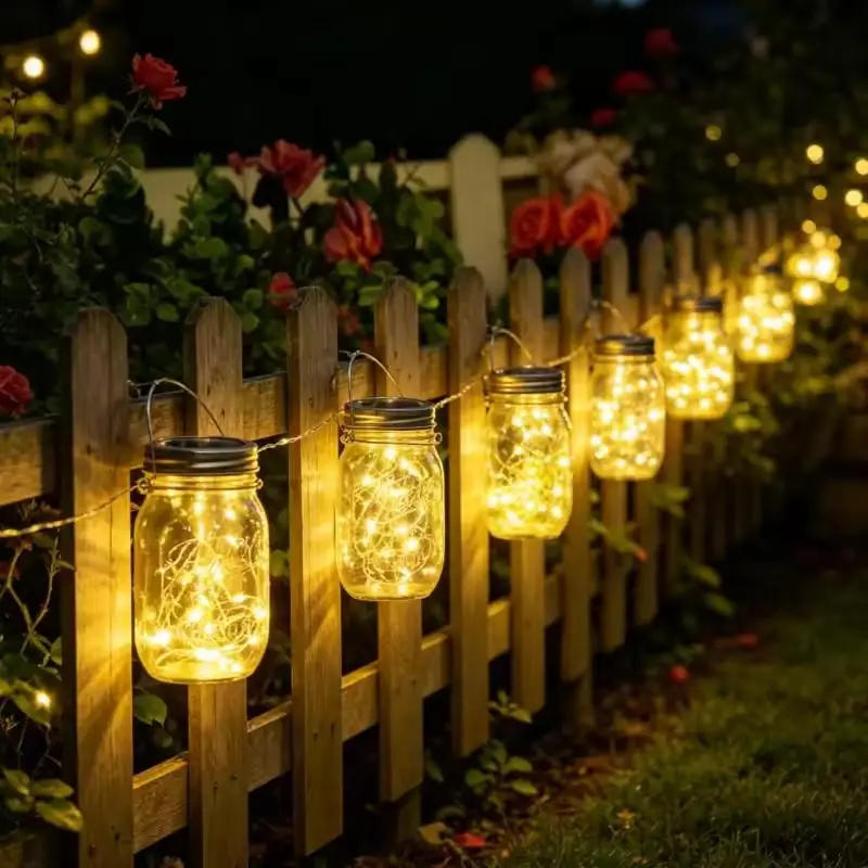 Solar Mason Jar Lid Lights LED Fairy String Light with Handle Outdoor Garden Hanging Lantern Patio Decoration