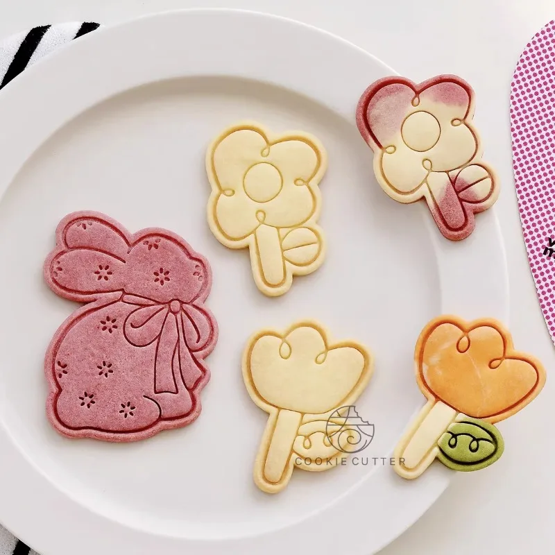 Cute Flower Rabbit Cookie Cutter Easter Bunny Biscuit Molds Easter Rabbit Embosser Biscuit Mold Baking Decorations Supplies