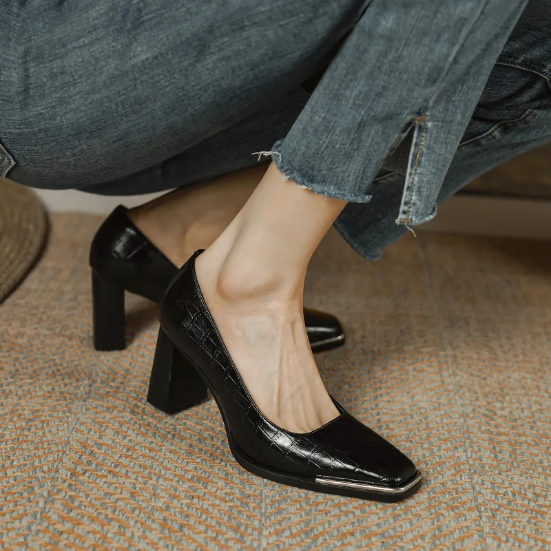 2023 New Concise Fashion Women Pumps Square Toe Thick Heels High Quality Genuine Leather Shoes Woman Spring Summer Office Ladies