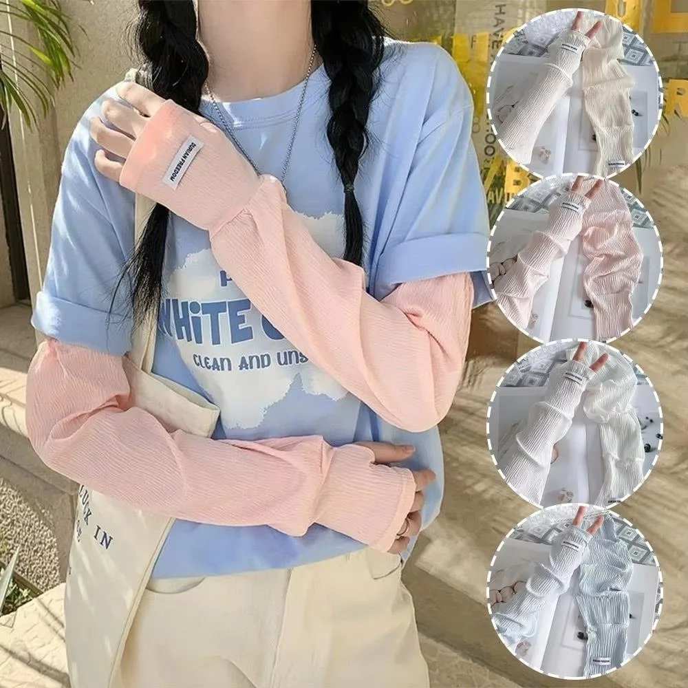 Fashion Solid Color Ice Silk Sleeves Loose Thin Cool Arm Cover Fingerless UV Protection Cycling Arm Sleeve