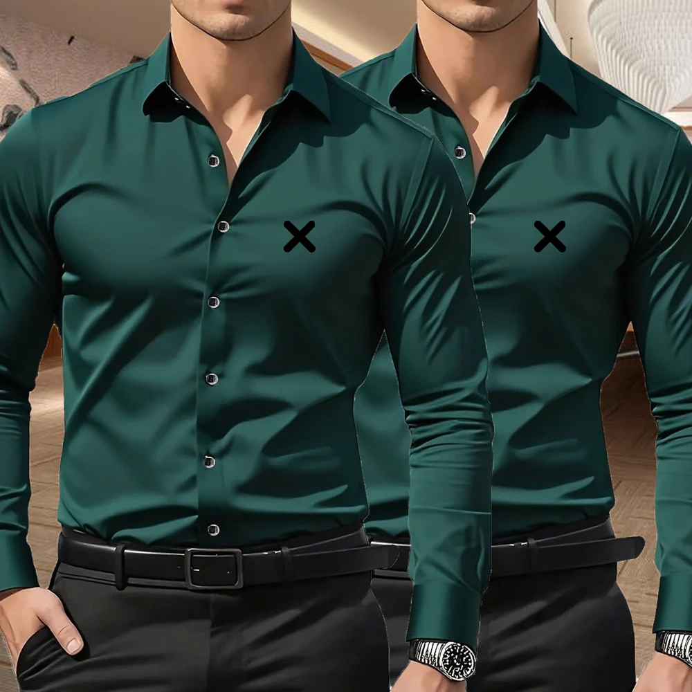2pcs Men's Business Casual Long Sleeve Shirts with Cross X Print Premium Business Casual Shirt Slim Fit Long Sleeve 5 Colors