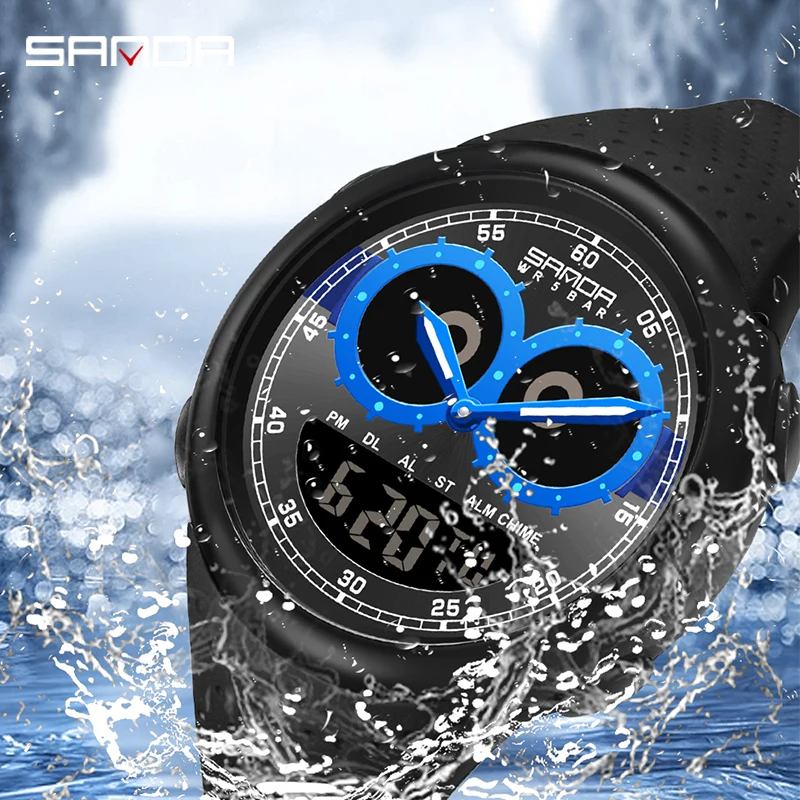 SANDA Sports Mens Watches Luxury Dual Display Military Quartz Electronic Watches Waterproof Digital Wristwatch Relogio Masculino