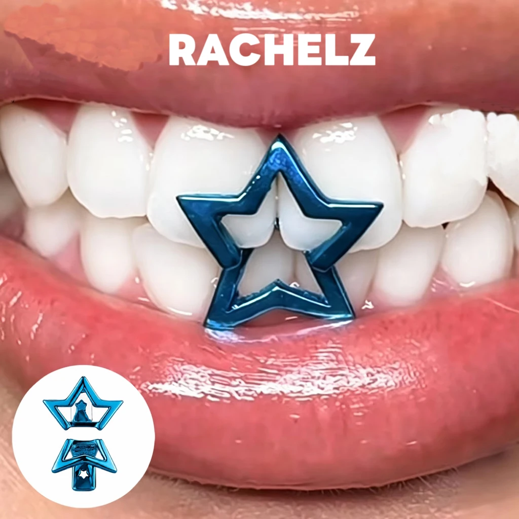RACHELZ Y2K Vintage Blue Color Star Teeth Grillz Hip Hop Hollow Top Bottom Combination Tooth Caps For Unisex Jewelry Gift