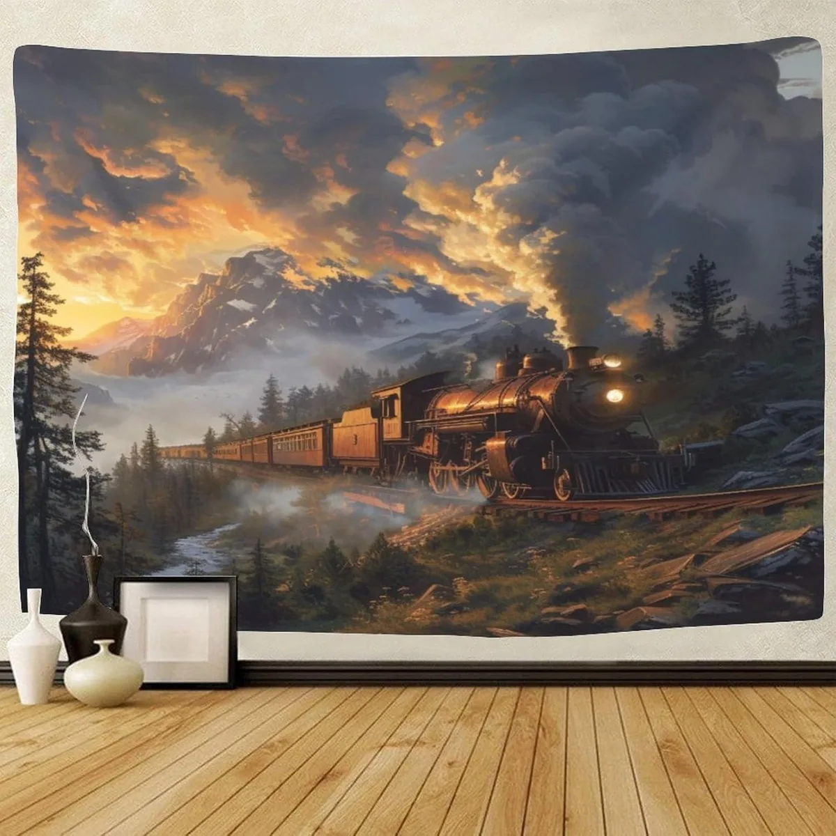 Dramatic Mountain Steam Train Tapestry Sunset Landscape Wall Art Vintage Railway Adventure Decor Luxury Home Hanging Print 150x3