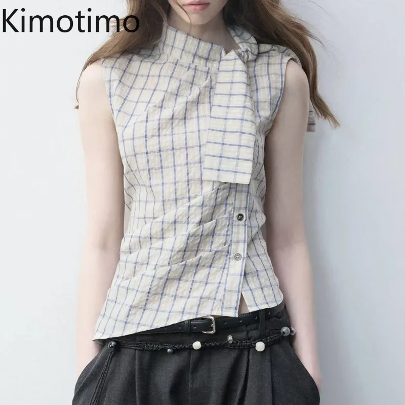 Kimotimo Plaid Sleeveless Shirt Women Vintage Bandage Slim Folds Waist Button Crop Top 2026 Summer Elegant Y2k Aesthetic Blouse
