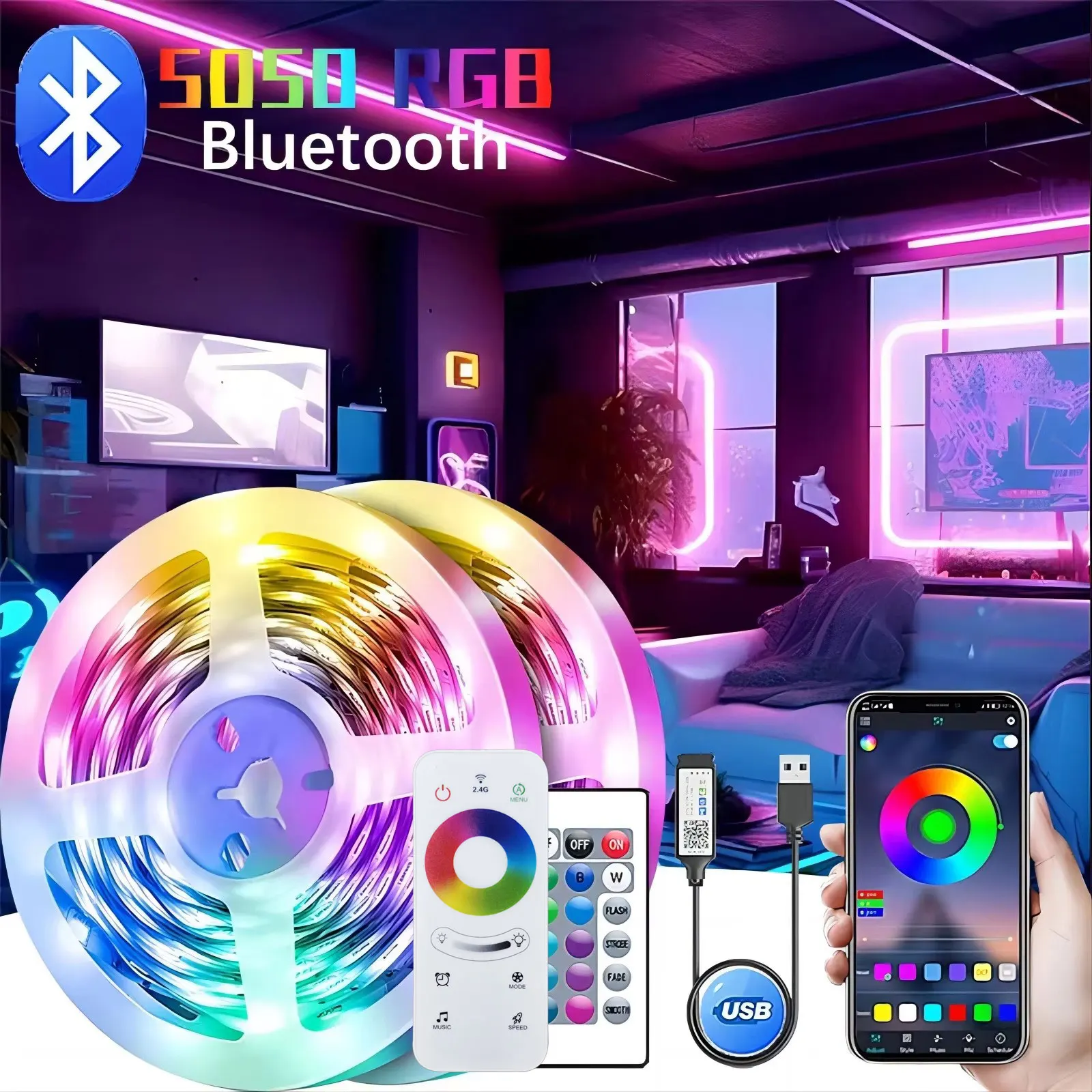 USB LED Strip Light para Decoração do Quarto, Cor RGB, 5050, Bluetooth, Fita da lâmpada, TV Backlight para Festa de Natal, 5V, 5m, 10m, 15m, 20m