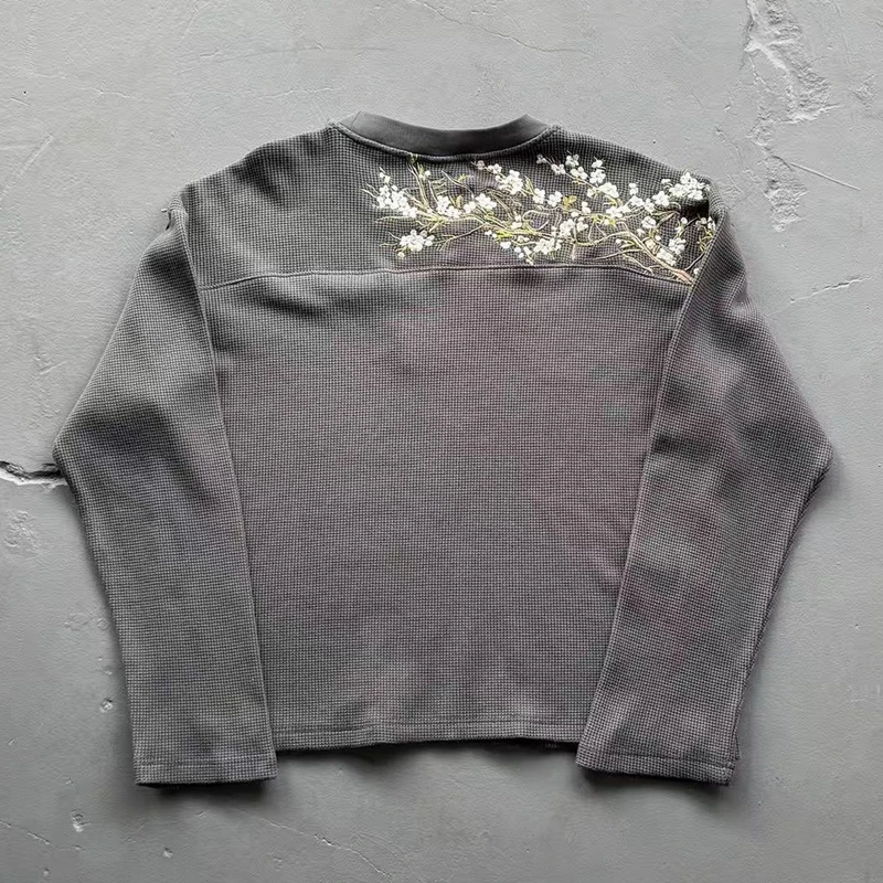 Übergroßer Waffelstrick-Pullover für Herren, Retro-Stickerei, Grafik, Rundhalsausschnitt, Langarm-T-Shirt, Baggy Streetwear, Lässiger Pullover – Detail 6
