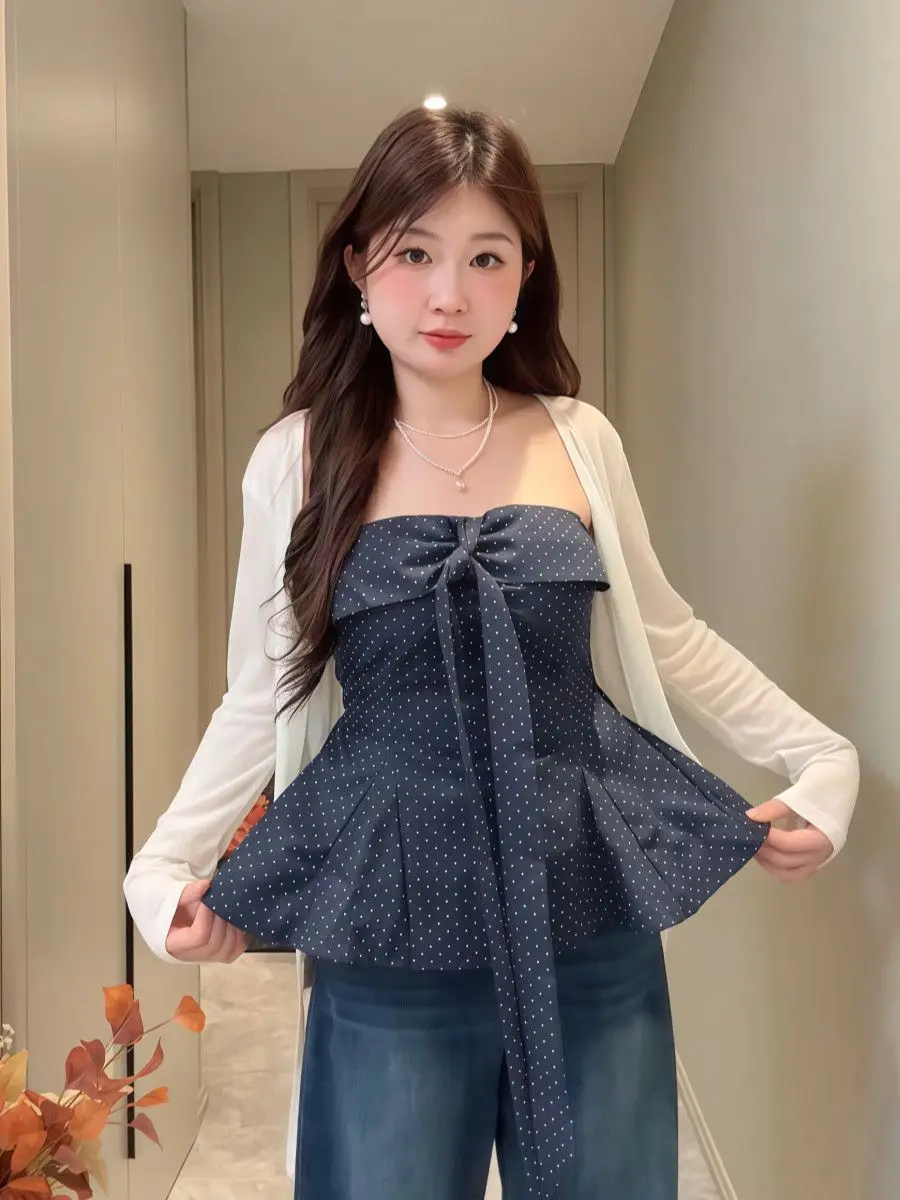 plus Size Polka Dot Tube Top And Cardigan Two Piece Set Women's Fashion Summer Outfit Slimming Effect Breathable Three Quarte...