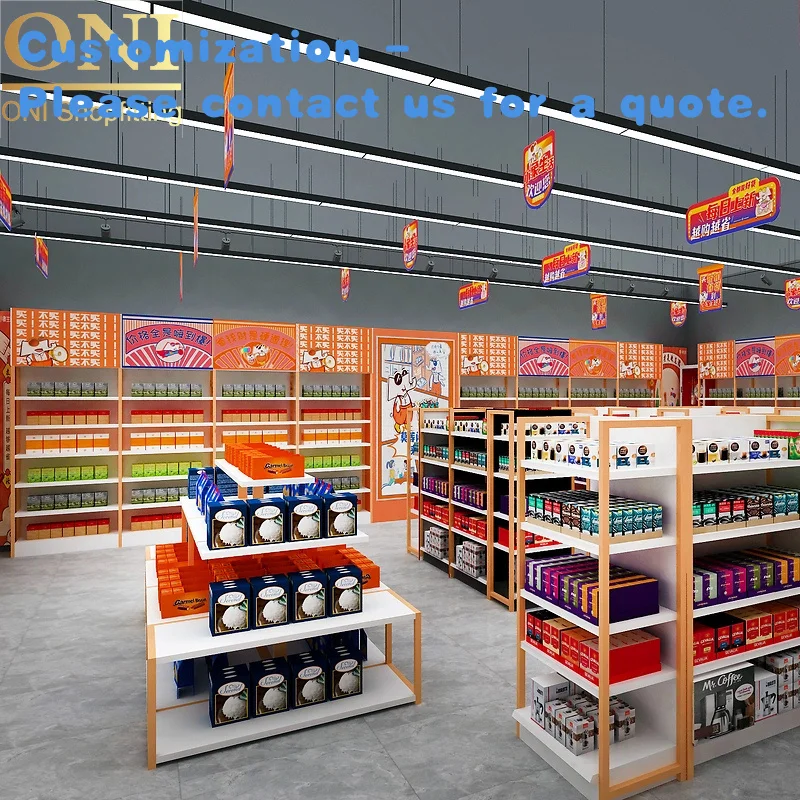 

custom.ONI Shopfitting Custom Shopping Rack Gondola Shelving Double-sided Supermarket Shelves Grocery Store Display Racks with L