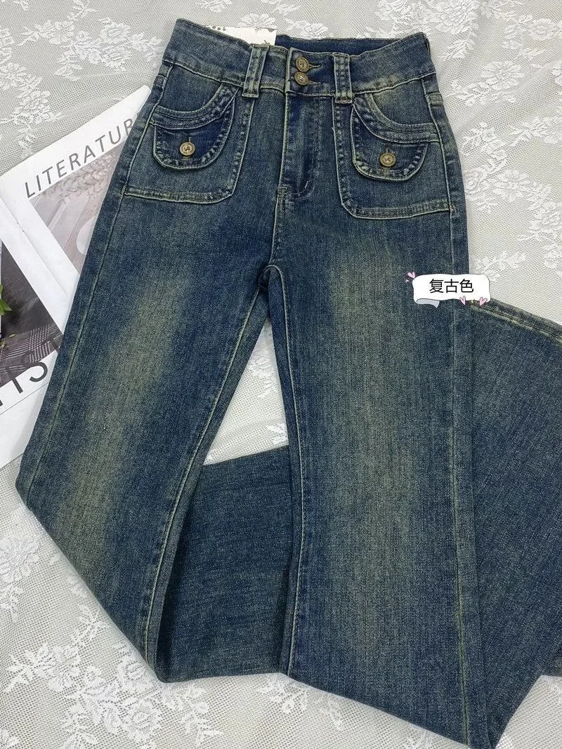 Jesienno-zimowa moda wszechstronna pikantna dziewczyna niebieskie w stylu Retro Micro La Jeans damskie podkowy spodnie z wysokim stanem Slim Fit Slim spodnie rozkloszowane