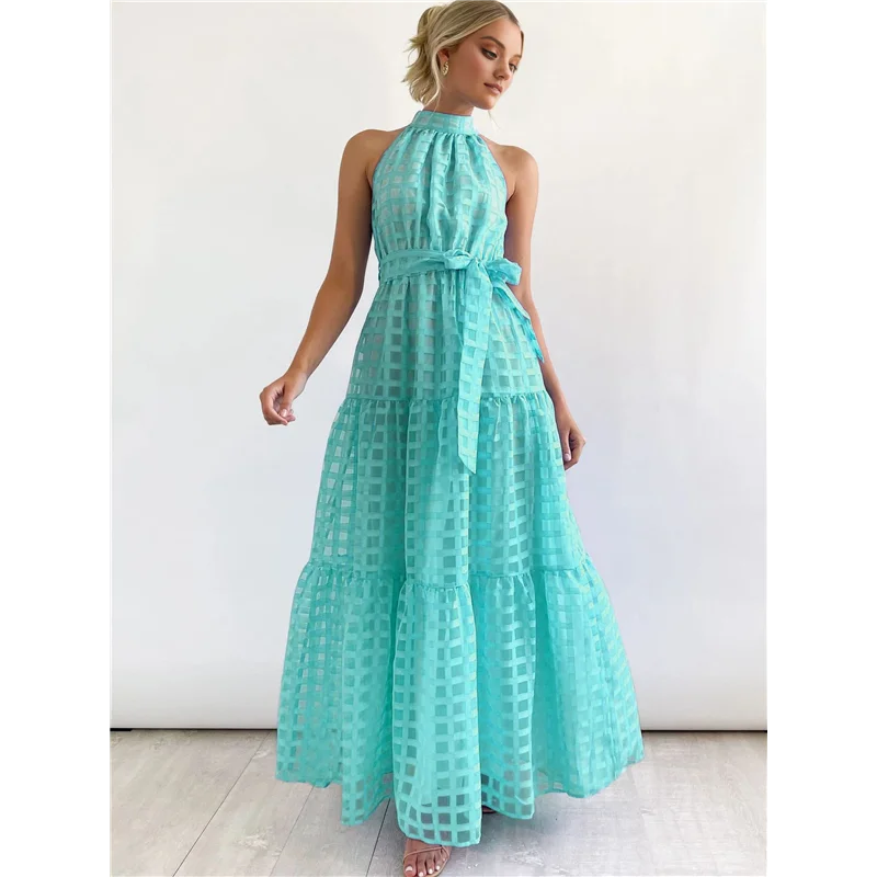 Abito estivo da donna maxi floreale da sole senza maniche con scollo all'americana e orlo fluido con volant Abiti lunghi Boho con cintura
