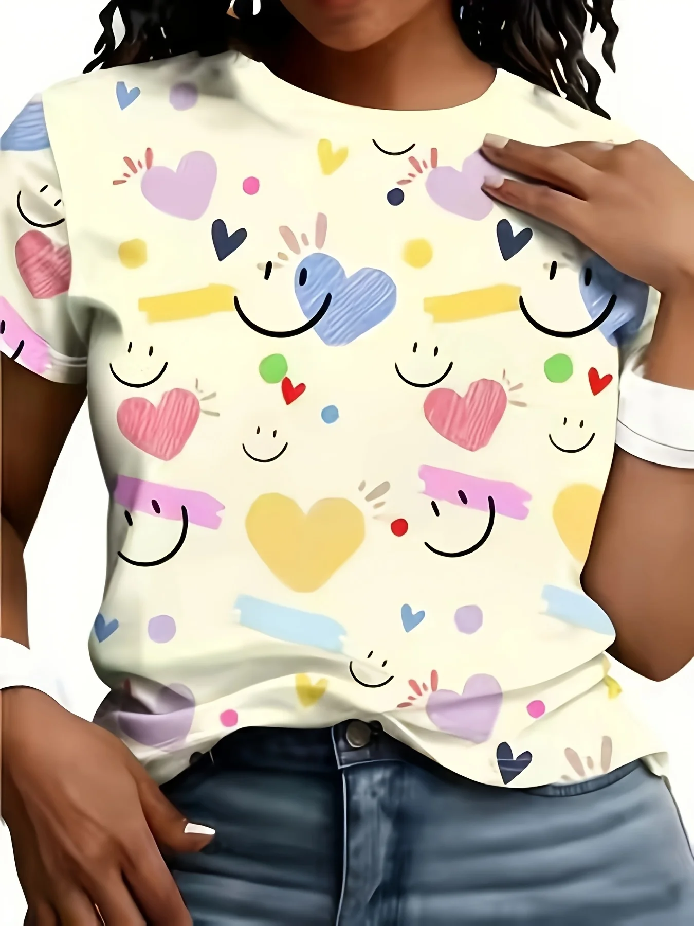Trendy Women Positive Print T-Shirt, Colorful Hand Drawn Hearts & Smiley Faces Full Print, Short Sleeve Crew Neck Summer Top