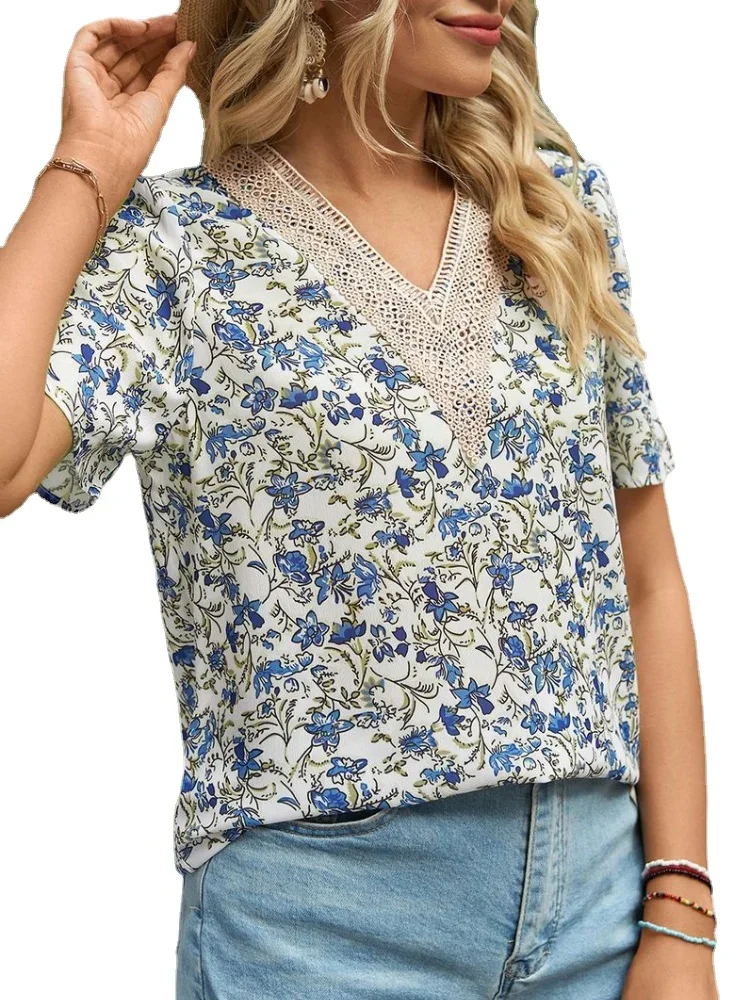 Women Short Sleeve Lace V-neck Chiffon Printed Tops