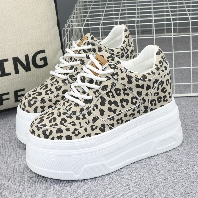 Fashion Sexy Women Platform Leopard Casual Sneakers New Autumn Winter Outdoor Sport Style Round Toe Design 12cm High-Heel Shoes