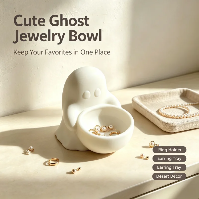 Large-Capacity Ghostly Jewelry Storage Bowl, Multifunctional Ghostly Miscellaneous Tray, Can Hold Rings/Earrings/Small Items, Deepened Design Desktop Storage Box, Cute Style Decoration, Suitable for Dressing Table/Bedside Table/Office