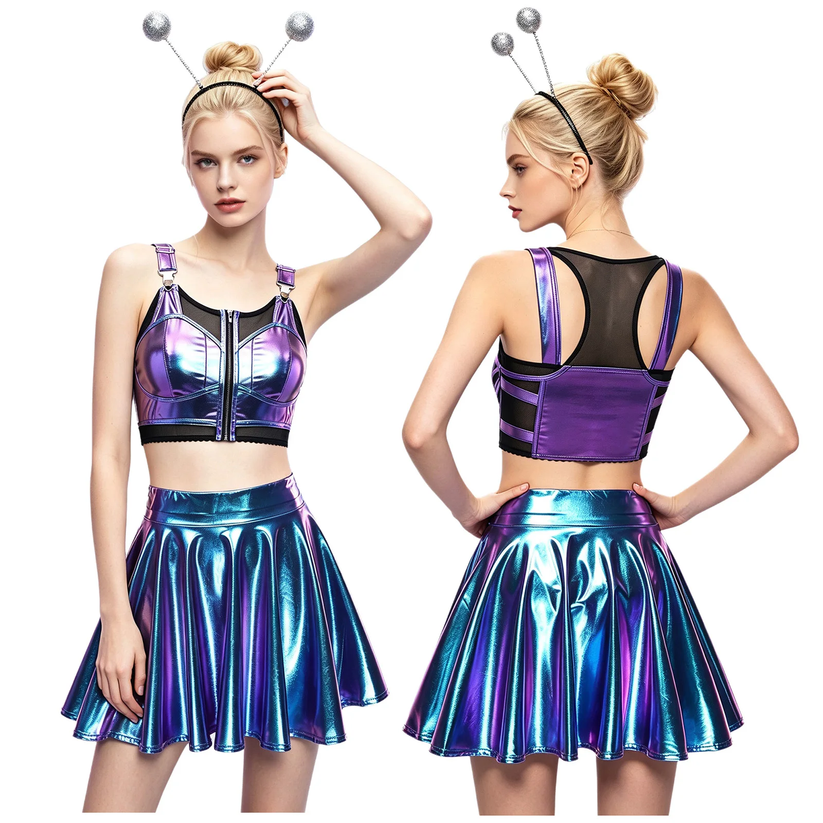 Women Halloween Alien Costume Robot Space Cadet Galaxy Warrior Dress Up Outfit Metallic Shiny Vest Crop Top with Skirt Headband