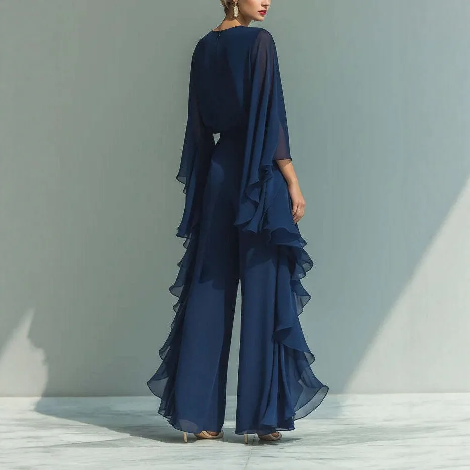 Summer Women Two-Piece Set Fashion O-Neck Pullover Chiffon Top And Flare Wide Leg Pants Set Ruffles Patchwork Fashion Streetwear