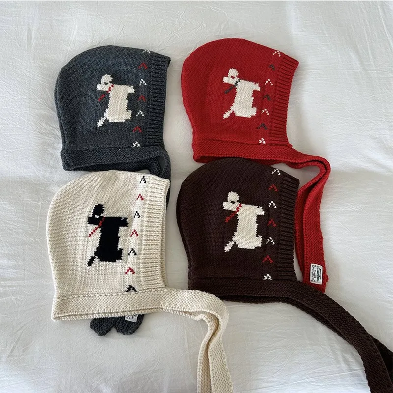 Neue, niedliche Cartoon-Hunde-Jacquard-Sturmhaube für den Winter, Outdoor-Wärme, Nackenschutz, winddicht, mit Schnürung, gestrickte Mützen – Detail 2