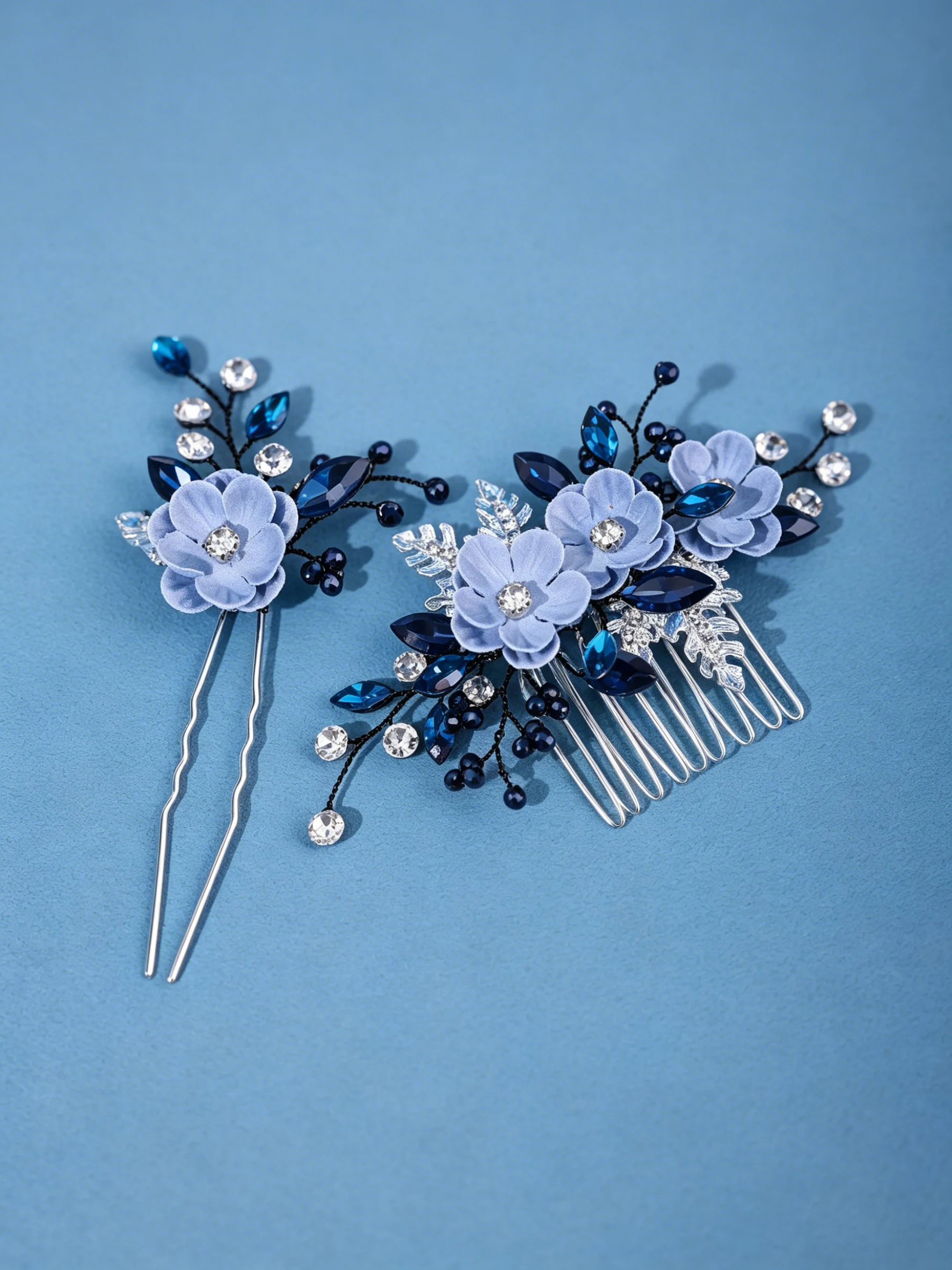Blue  Crystal Hair Comb Silver Leaf Bridal Headpiece Wedding Hair Accessories Women Party Prom Formal Floral Hair Clip image 4